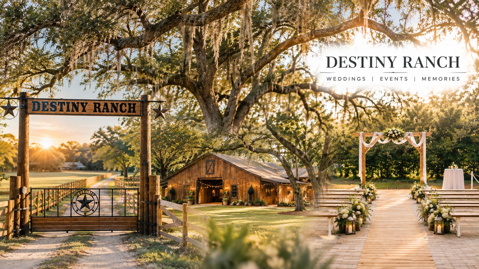 Destiny Ranch — the entrance gate, the Legacy Barn, and the outdoor ceremony aisle