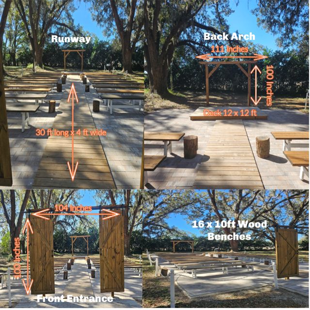 Ceremony site measurements at Destiny Ranch Events — 30 ft runway, back arch 111 by 100 inches on a 12 by 12 ft deck, 104-inch barn door front entrance, and 16 ten-foot wood benches