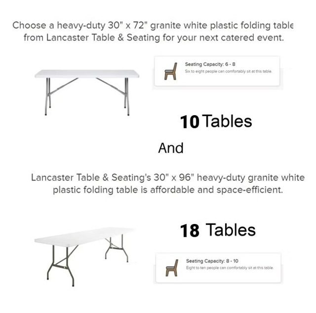 Reception tables included at Destiny Ranch Events — ten 30 by 72 inch and eighteen 30 by 96 inch granite white folding tables