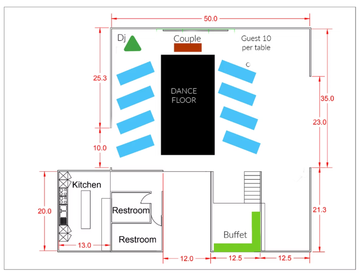 Angled seating layout with 8 tables around the dance floor, couple table at the head