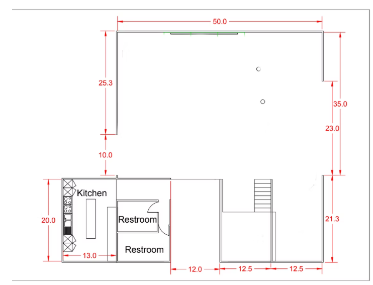 Open floor plan of the Legacy Barn main hall with kitchen, restrooms and buffet area