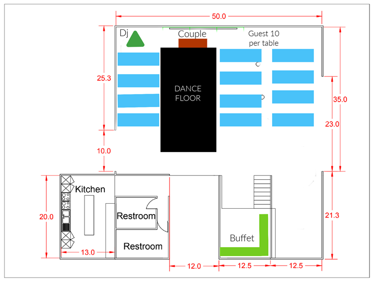 Classic rows layout with 12 tables seating up to 120 guests, dance floor center and DJ area