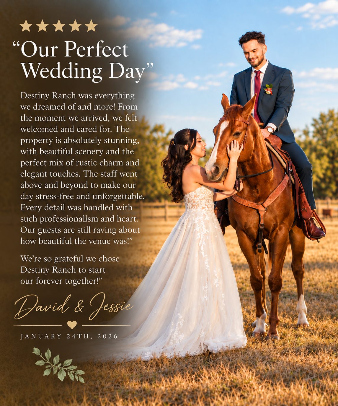 Testimonial card — David & Jessie, 'Our Perfect Wedding Day'