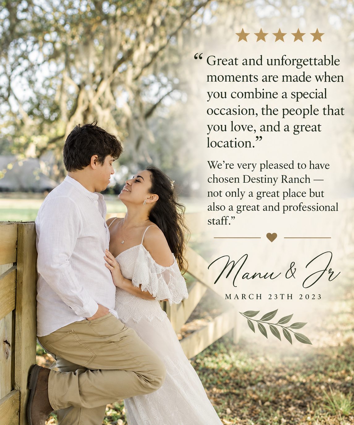 Testimonial card — Manu & Jr, 'Great and unforgettable moments'